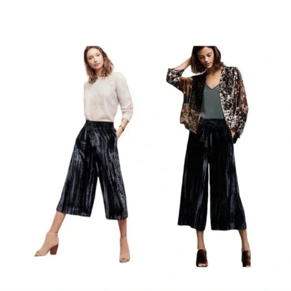Anthropologie Hei Hei Cropped Wide Leg Crushed Velvet Pants Jewel Blue Size Med - Picture 1 of 10